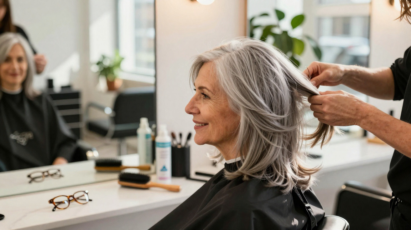 Ältere Frau mit grauem Haar sitzt lächelnd im Friseursalon, Friseur stylt ihr Haar.