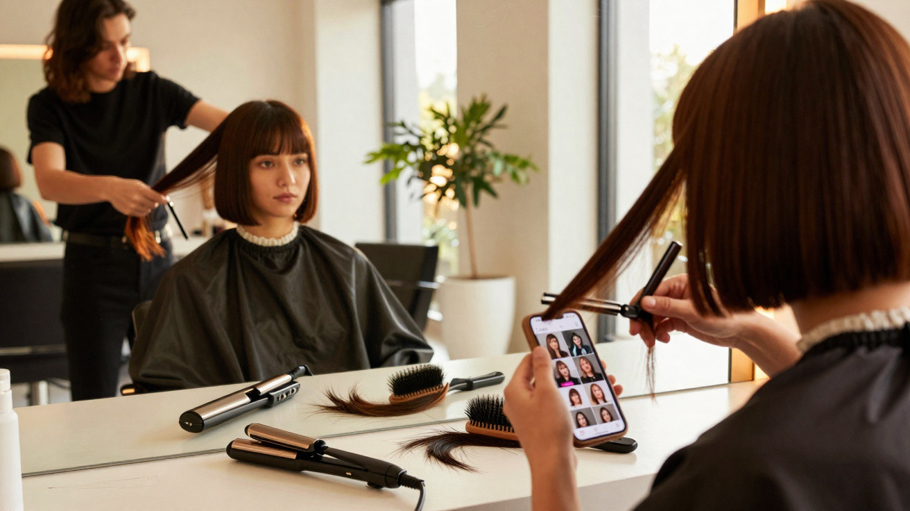 Frau beim Friseur, die neue Frisuren auf dem Smartphone betrachtet, während Haare geglättet werden.