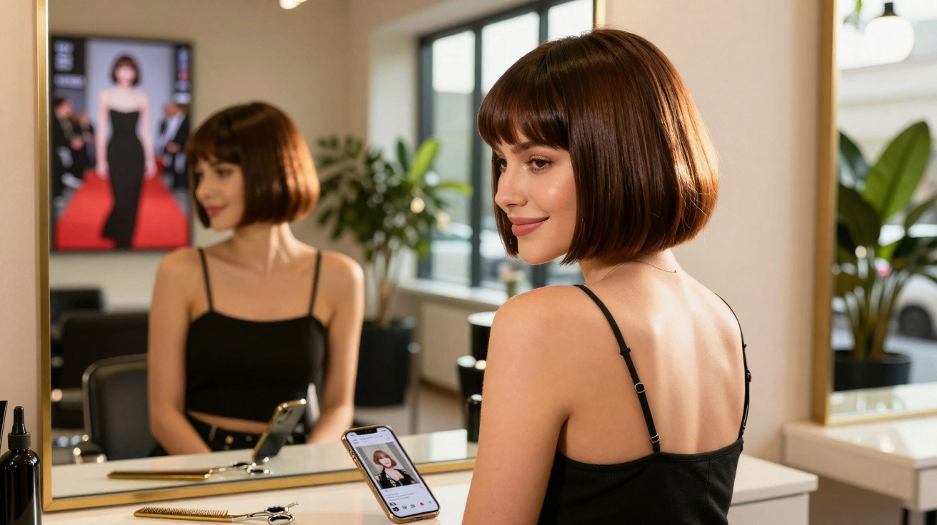 Frau mit kurzem braunem Bob im schwarzen Top sitzt vor Spiegel und betrachtet ihr Handy im Friseursalon.