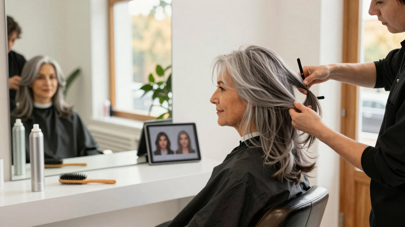 Ältere Frau im Friseursalon, die von einem Frisör ihre langen grauen Haare stylen lässt.