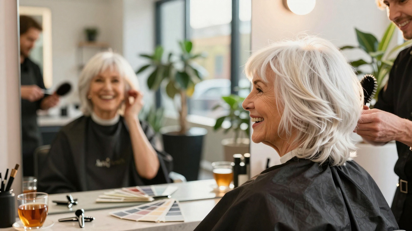 Ältere Frau sitzt lächelnd beim Friseur, der ihr Haare kämmt, im hellen Salon mit Pflanzen.