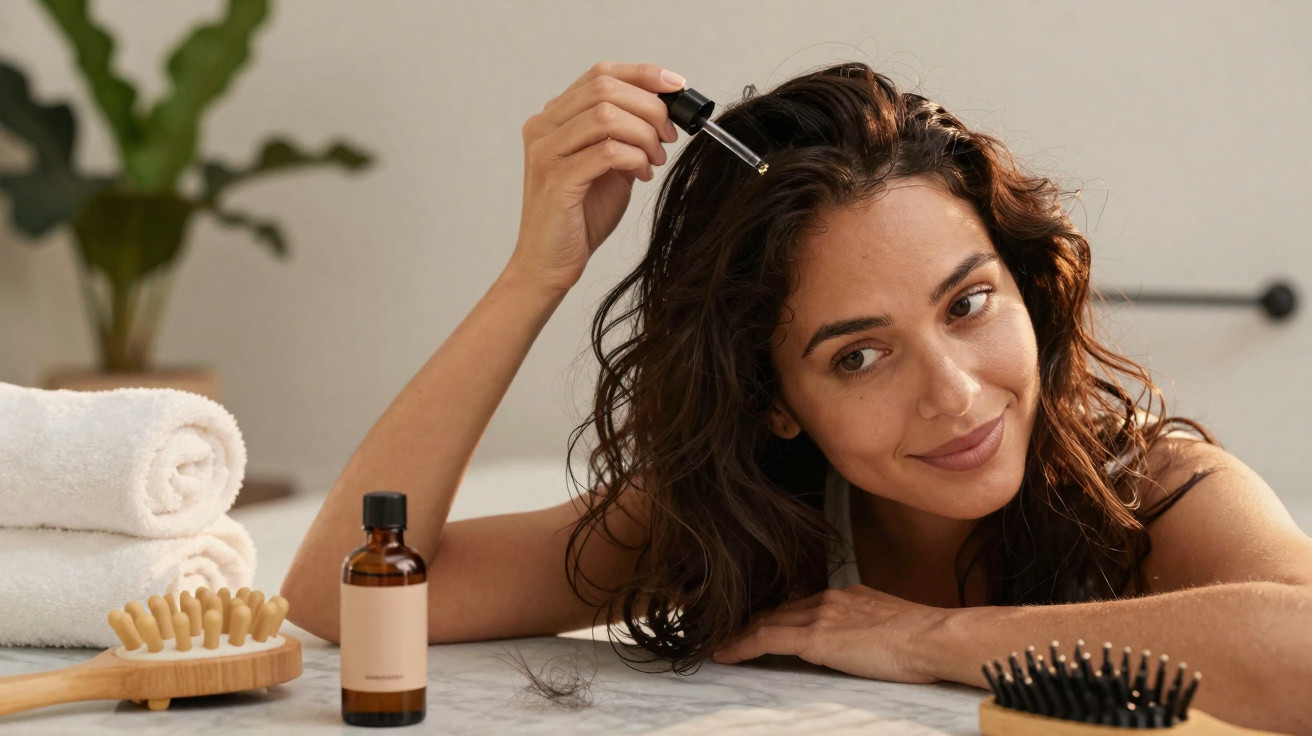 Frau trägt Haarserum mit Pipette auf, neben Handtüchern und Haarbürsten auf Tisch