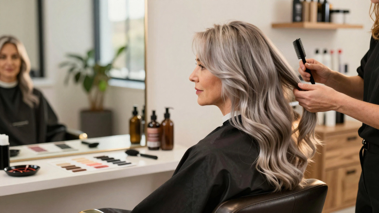 Frau mit langen, welligen Haaren sitzt im Friseursalon, Friseur kämmt ihre Haare mit einer Bürste.