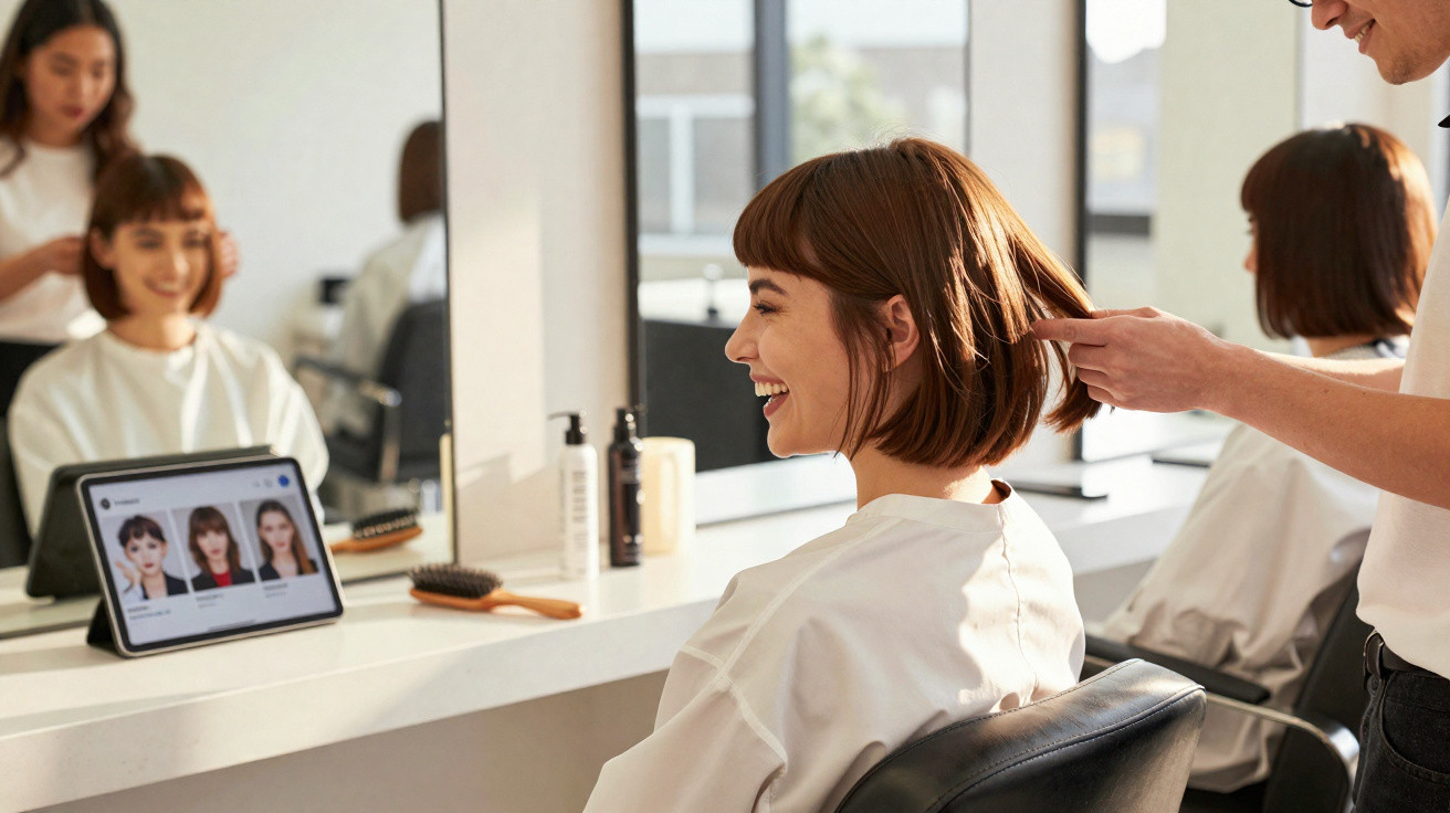 Frau mit kurzen braunen Haaren lächelt beim Friseurbesuch vor Spiegel und Tablet mit Haarstyle-Bildern.