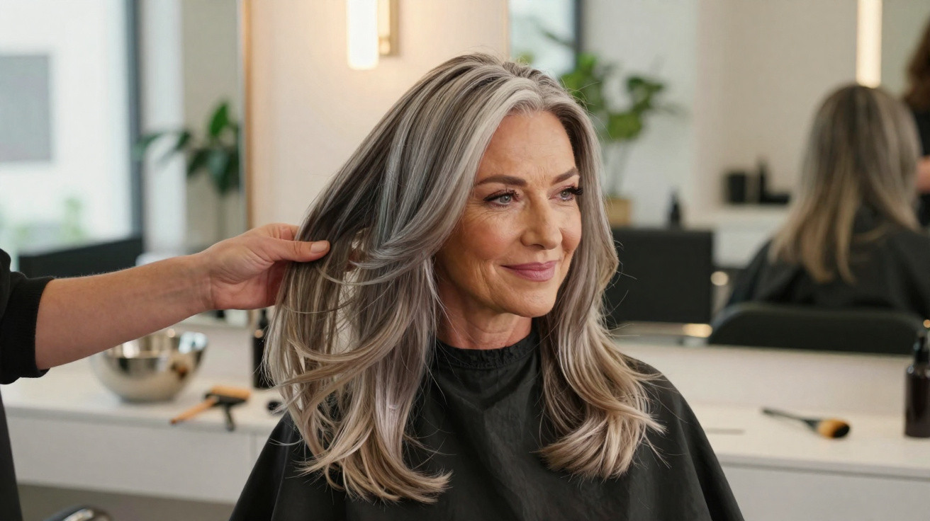 Ältere Frau mit langen, grauen Haaren sitzt zufrieden im Friseursalon, während Haare gestylt werden.