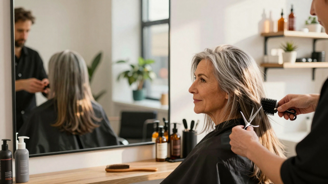 Ältere Frau sitzt im Friseursalon, während der Friseur ihre langen grauen Haare schneidet.