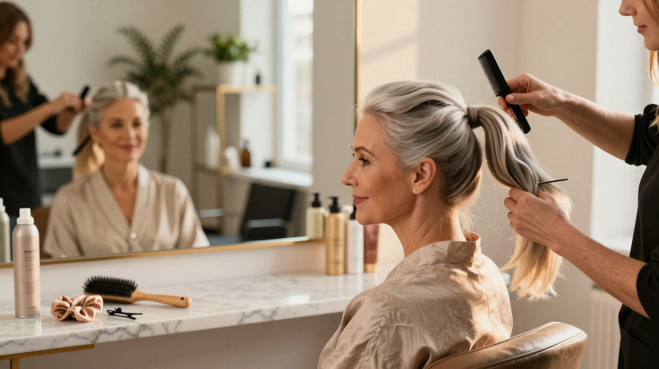Ältere Frau mit grauem Pferdeschwanz, die im Friseursalon von Friseurin frisiert wird.