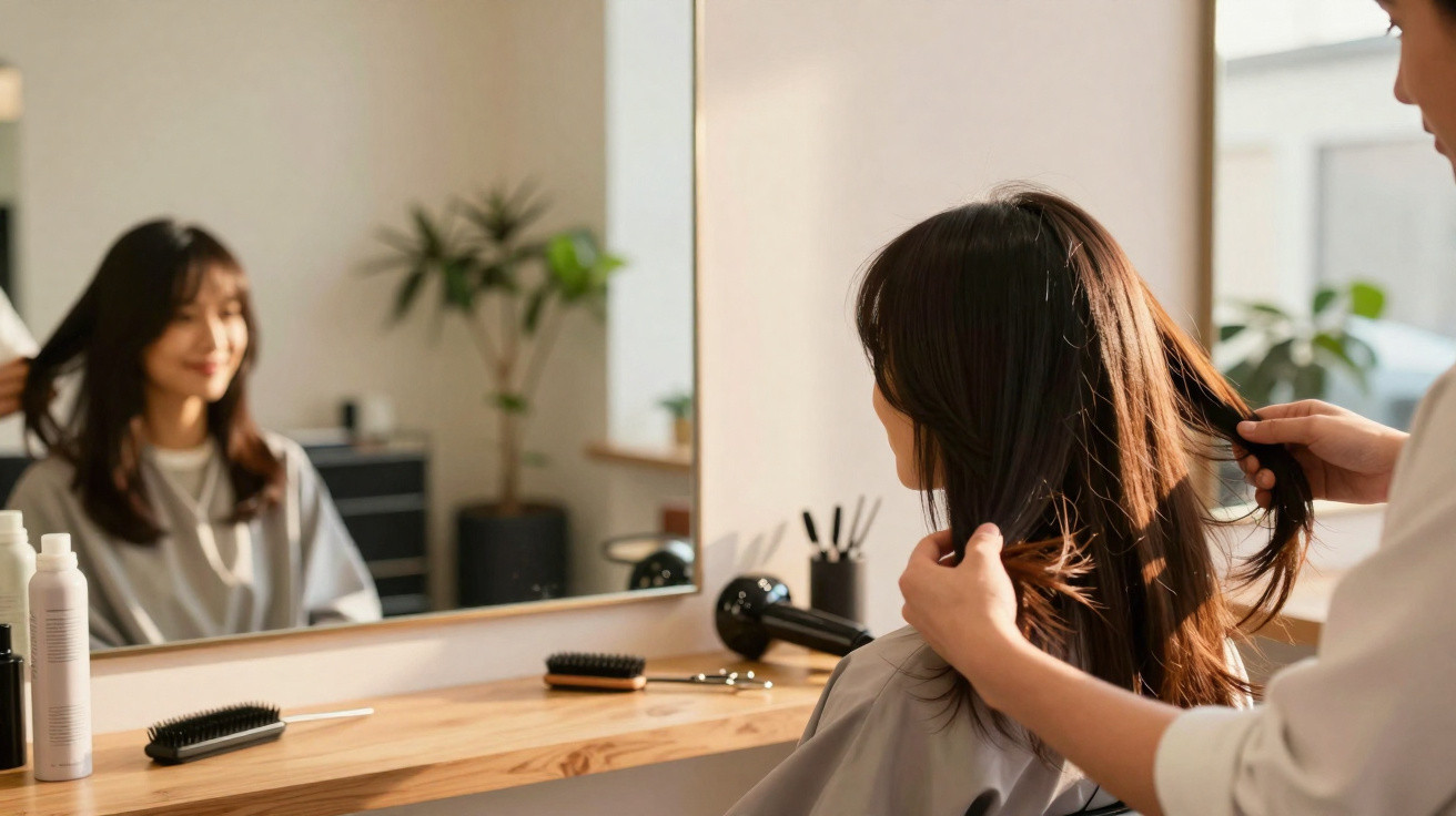 Frau sitzt beim Friseur, der ihre langen dunklen Haare vor einem großen Spiegel stylt.