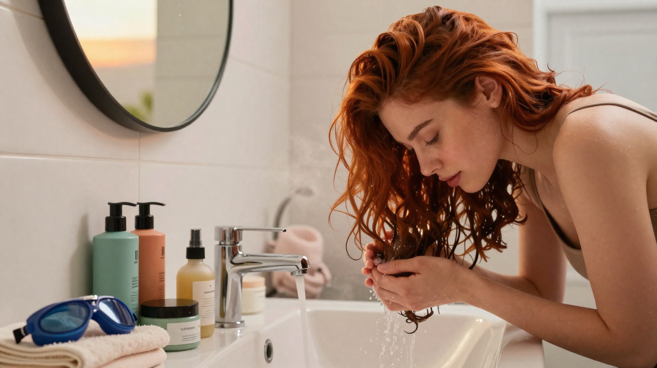 Frau mit roten Haaren wäscht sich das Gesicht an einem Waschbecken im Badezimmer.