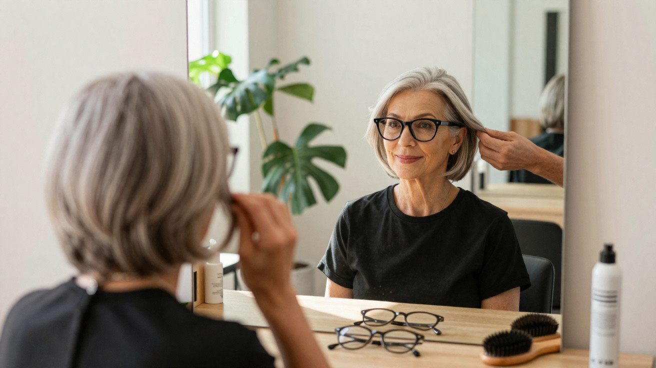 Ältere Frau mit Brille, die in einem Friseursalon im Spiegel ihre Frisur betrachtet.