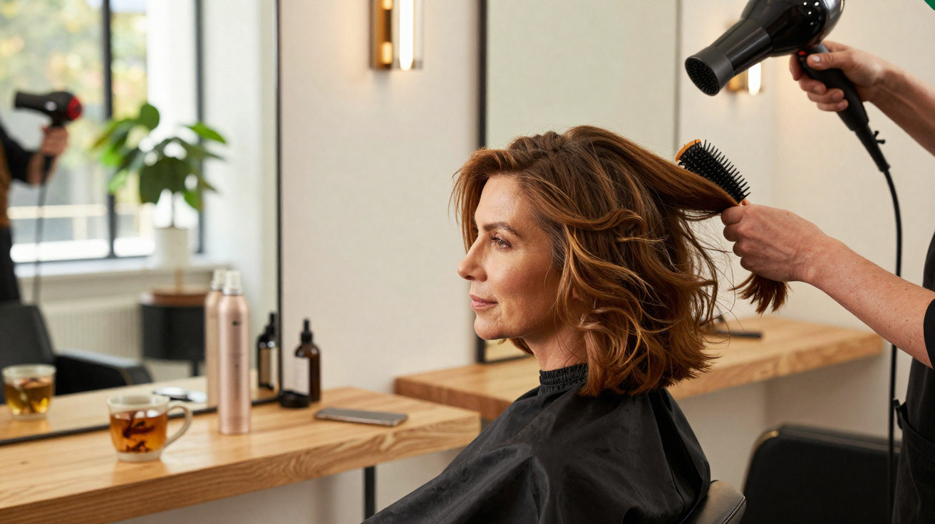 Frau sitzt im Friseursalon, während Friseur ihre Haare mit Föhn und Rundbürste trocknet.