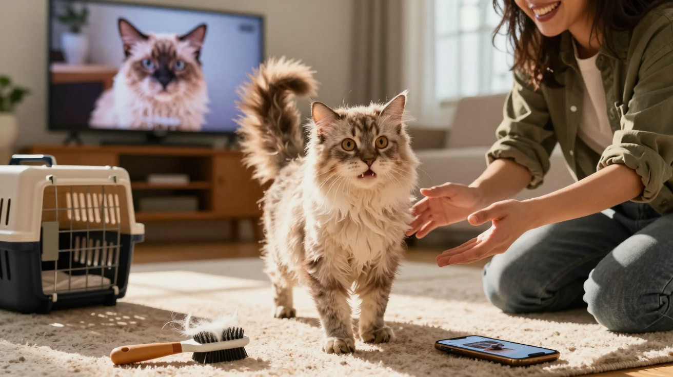 Flauschige Katze vor einer Frau im Wohnzimmer, daneben Bürste, Transportbox und Smartphone mit Katzenbild.
