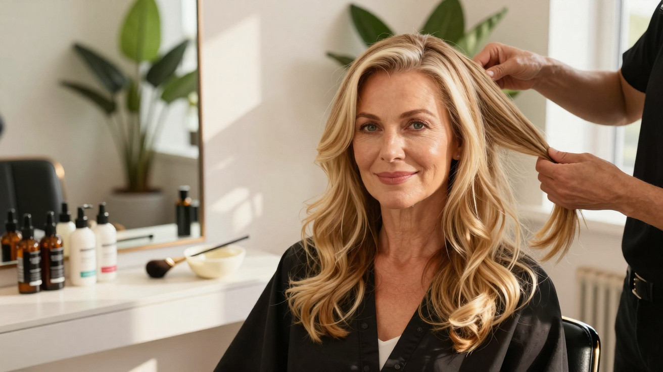 Blonde Frau mit lockigem Haar sitzt im Friseursalon, während Stylist ihr Haar frisiert.