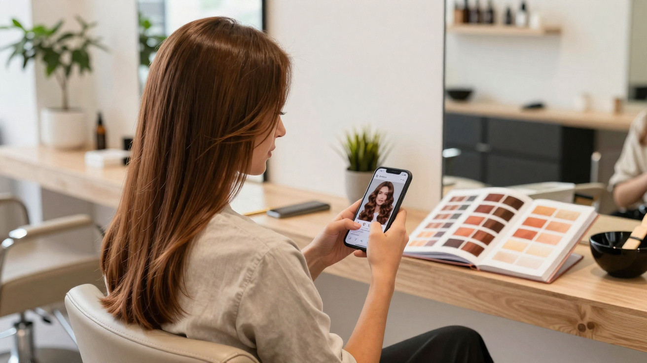Frau sitzt im Friseursalon und sieht auf Smartphone Haarfarben am Bildschirm an, daneben Farbpalette auf Tisch.