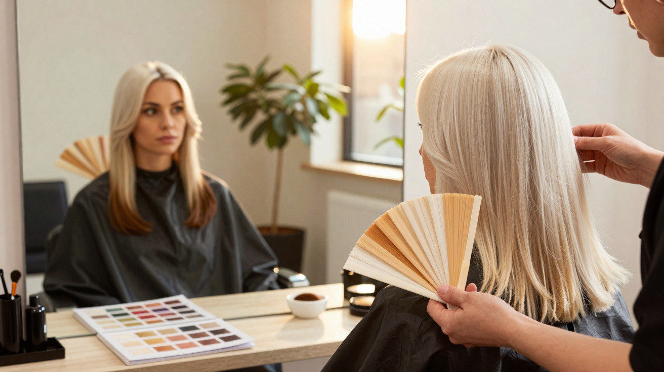 Frau mit blonden Haaren im Friseursalon, Friseur vergleicht Haartöne vor Spiegel.
