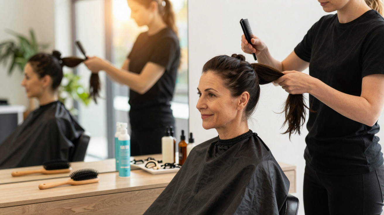 Friseurin frisiert langes braunes Haar einer lächelnden Frau im Frisörsalon vor Spiegel.