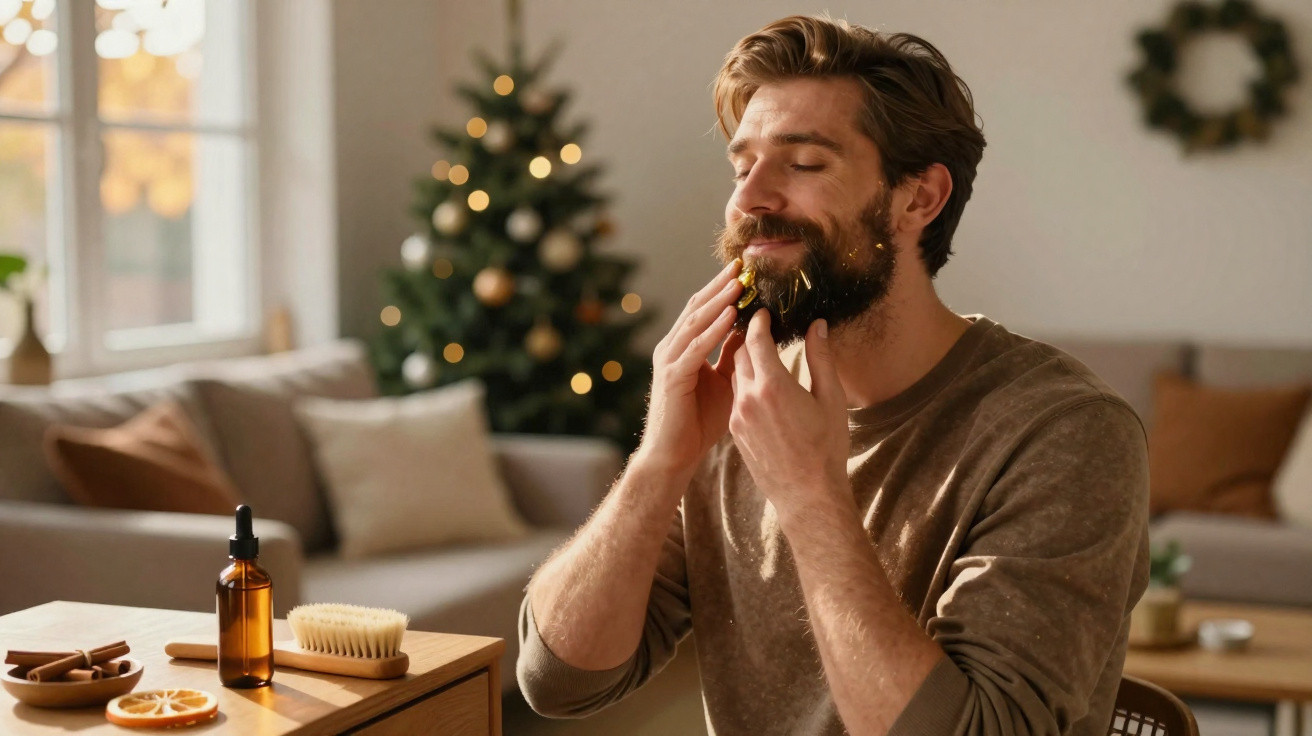 Mann massiert Bartöl in seinen Bart ein, im Hintergrund weihnachtlich dekoriertes Wohnzimmer.