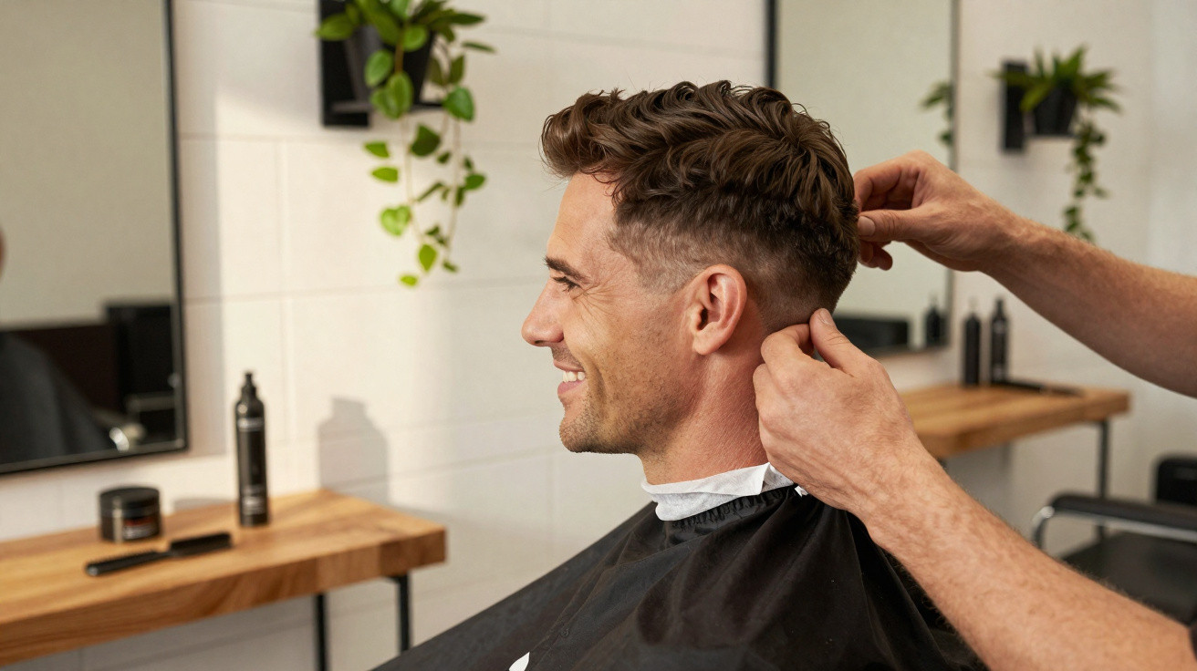 Mann sitzt lächelnd im Friseursalon, während Friseur seinen Haarschnitt anpasst.