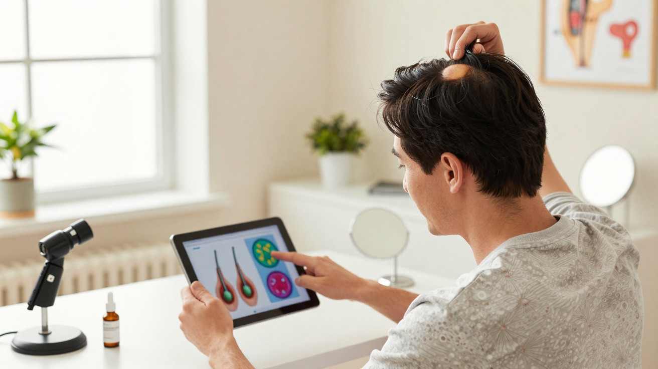 Mann betrachtet Haarausfall-Diagramme auf Tablet und kratzt sich am Kopf in hellem Raum.