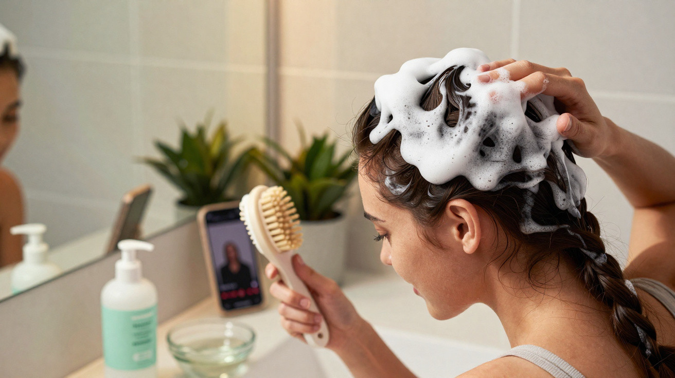 Frau wäscht Haare mit Shampoo und folgt Anleitung auf Smartphone im Badezimmerspiegel.