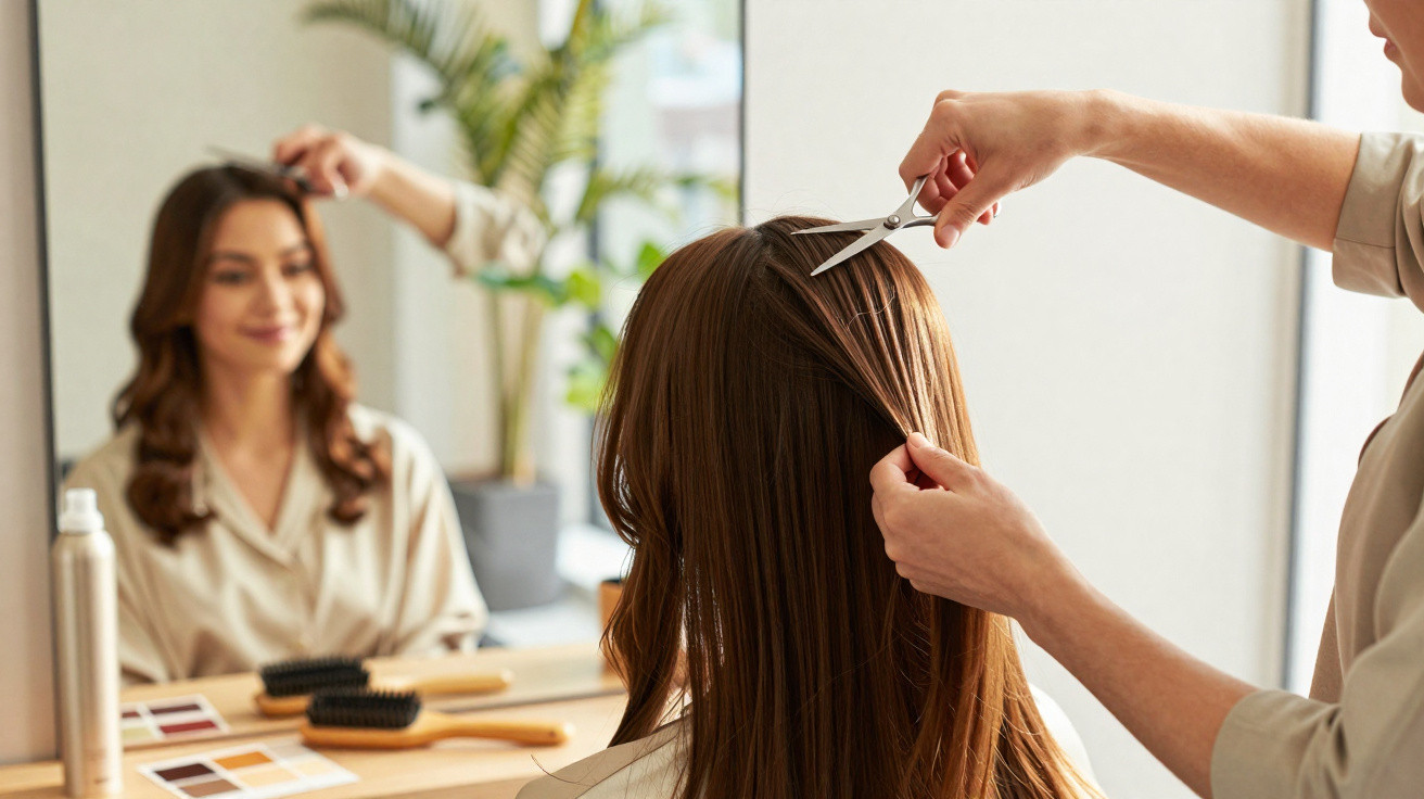 Friseurin schneidet lange braune Haare einer Frau vor Spiegel in modernem Salon.