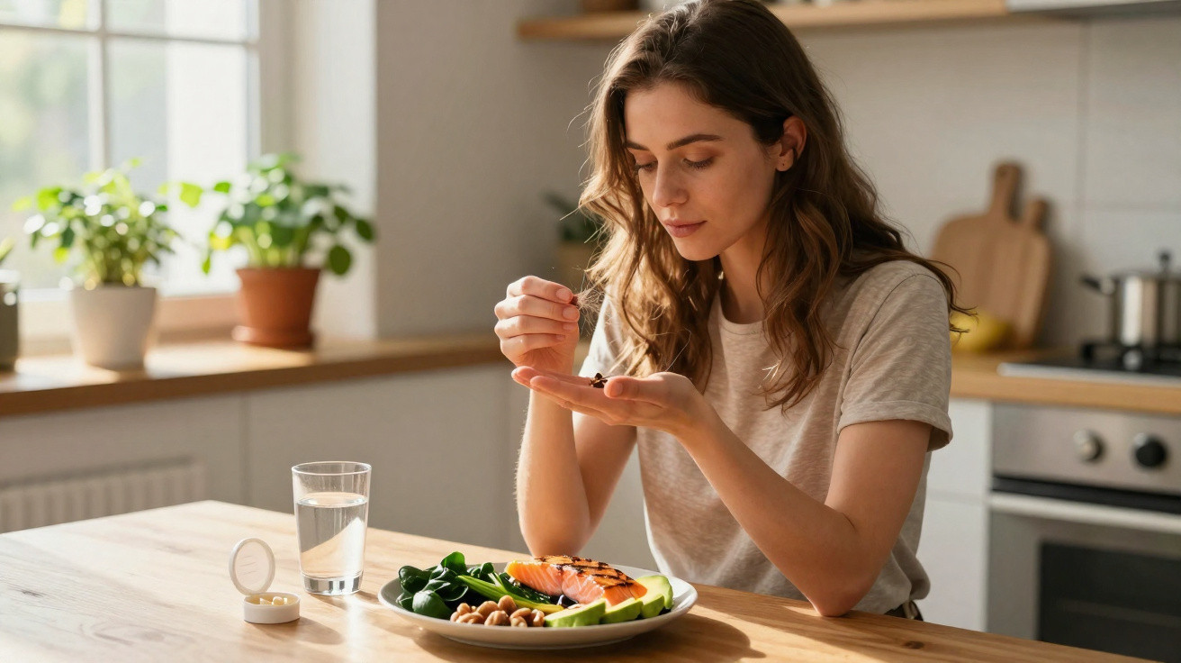 Frau in der Küche nimmt Nahrungsergänzungsmittel zu gesunder Mahlzeit mit Lachs und Gemüse ein.