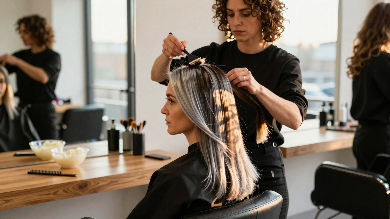 Friseurin färbt die Haare einer Frau mit blonden Strähnen in einem modernen Salon bei Tageslicht.