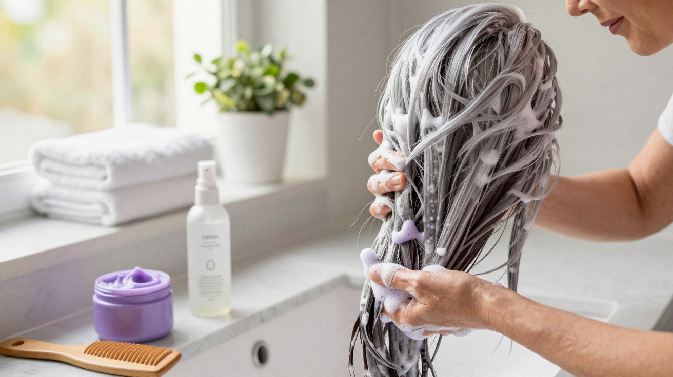 Person wäscht langes, nasses Haar mit Shampoo über einem Waschbecken, Badezimmer mit Handtüchern und Pflanze im Hintergrund.