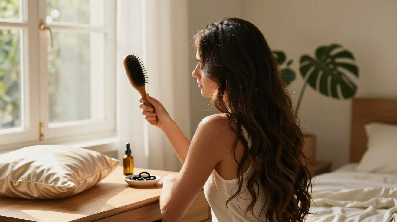 Frau mit langen lockigen Haaren sitzt am Fenster und betrachtet eine Haarbürste in einem hellen Schlafzimmer.