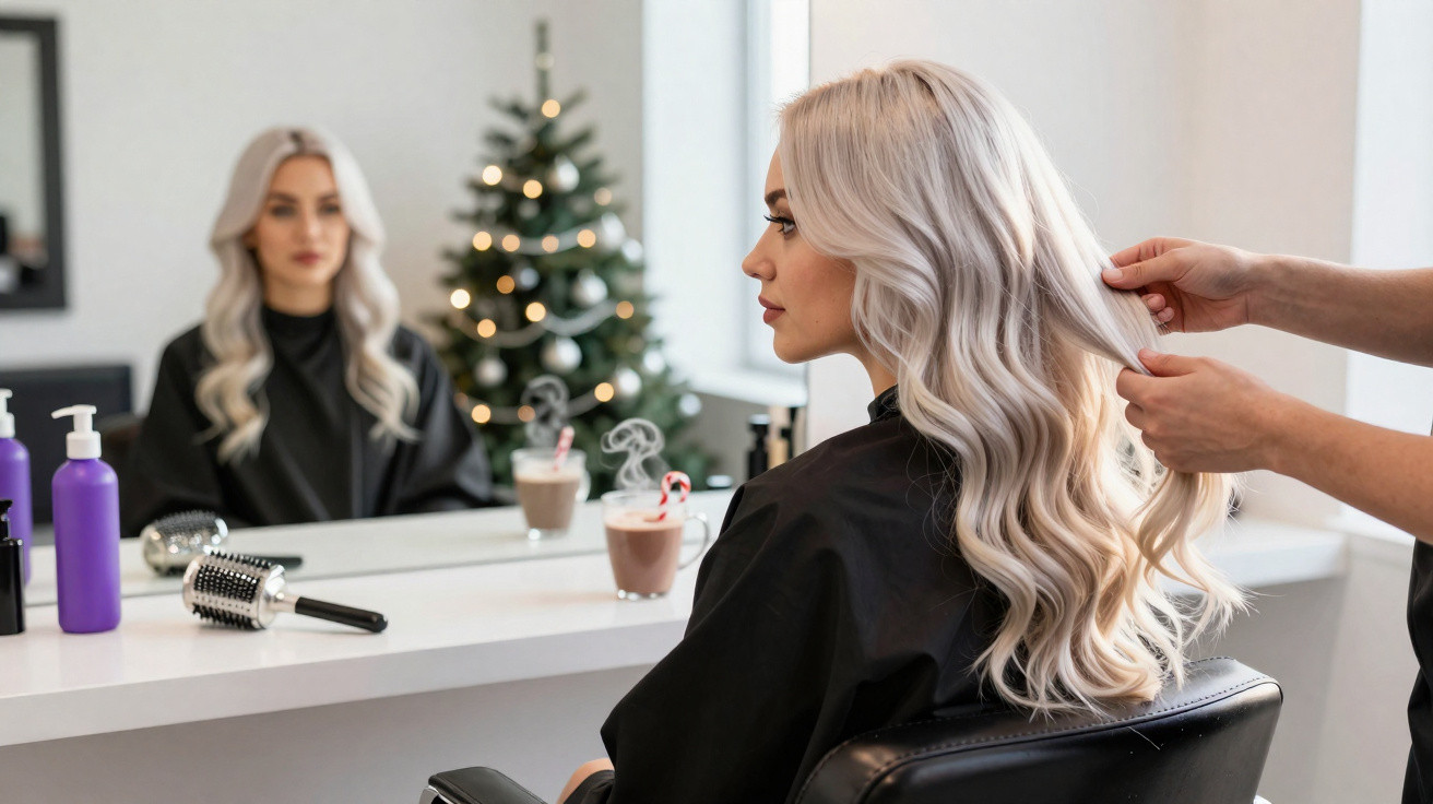 Frau mit langen blonden Haaren sitzt im Friseursalon, vor ihr Weihnachtsbaum und dampfender Kakao.