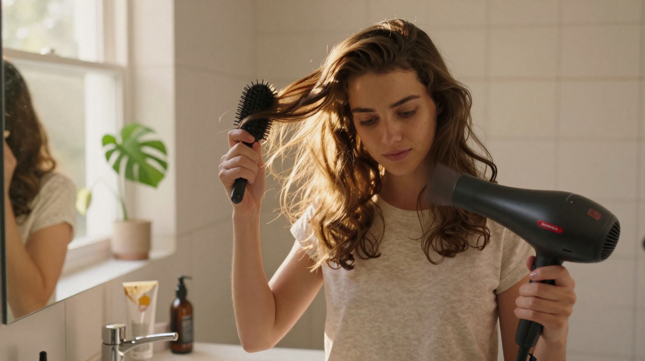 Frau trocknet und kämmt ihr braunes Haar im Badezimmer vor einem Fenster mit einer Haarbürste und einem Föhn.