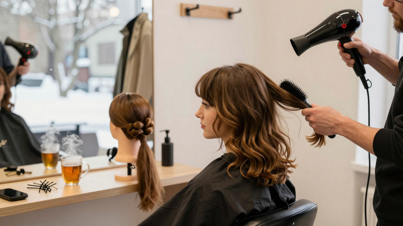 Friseurin föhnt und bürstet welliges Haar einer Kundin im Friseursalon mit Spiegel und Haarmodell.