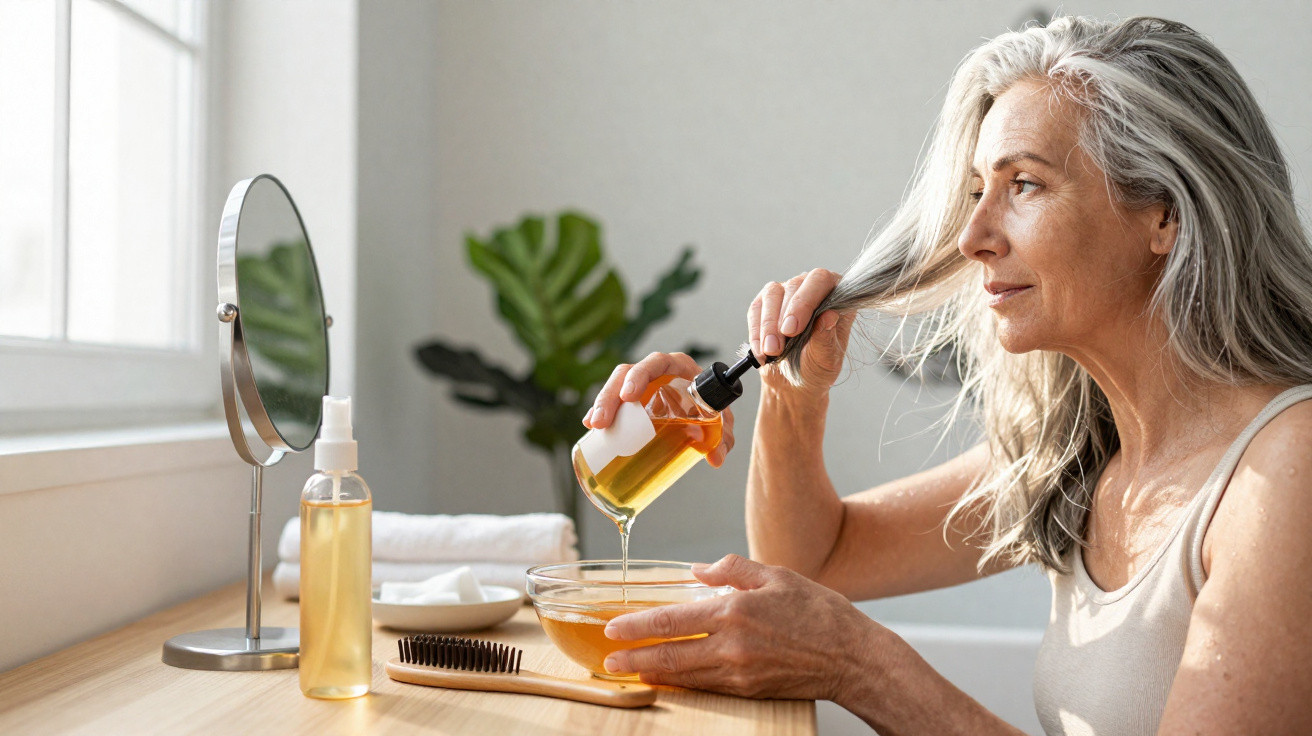 Ältere Frau trägt Haaröl auf lange graue Haare auf, sitzt an Tisch mit Spiegel und Pflegeprodukten.