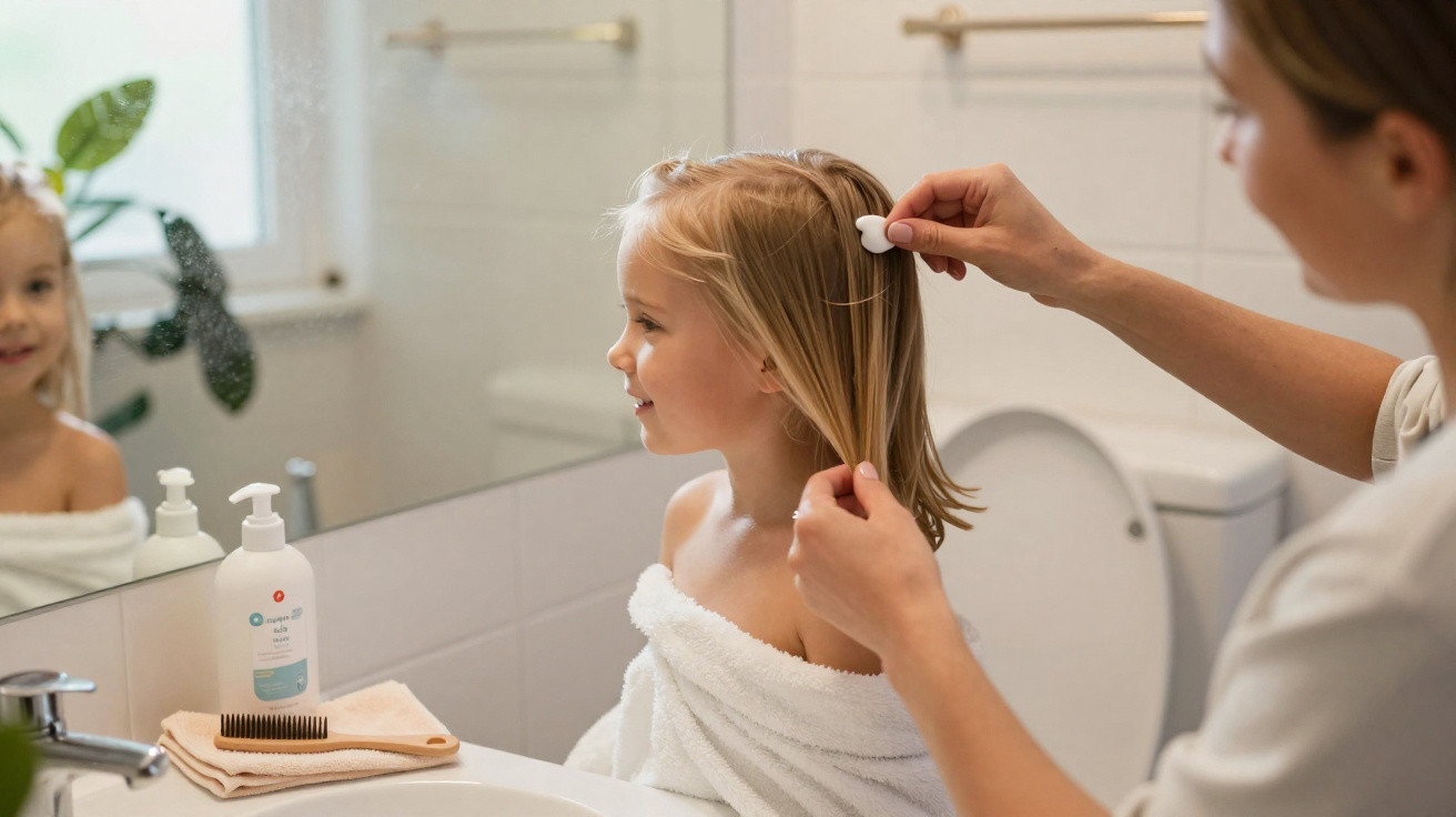 Mutter kämmt kleinen Mädchen im Badezimmer die Haare, beide vor Spiegel, Handtuch um das Kind.