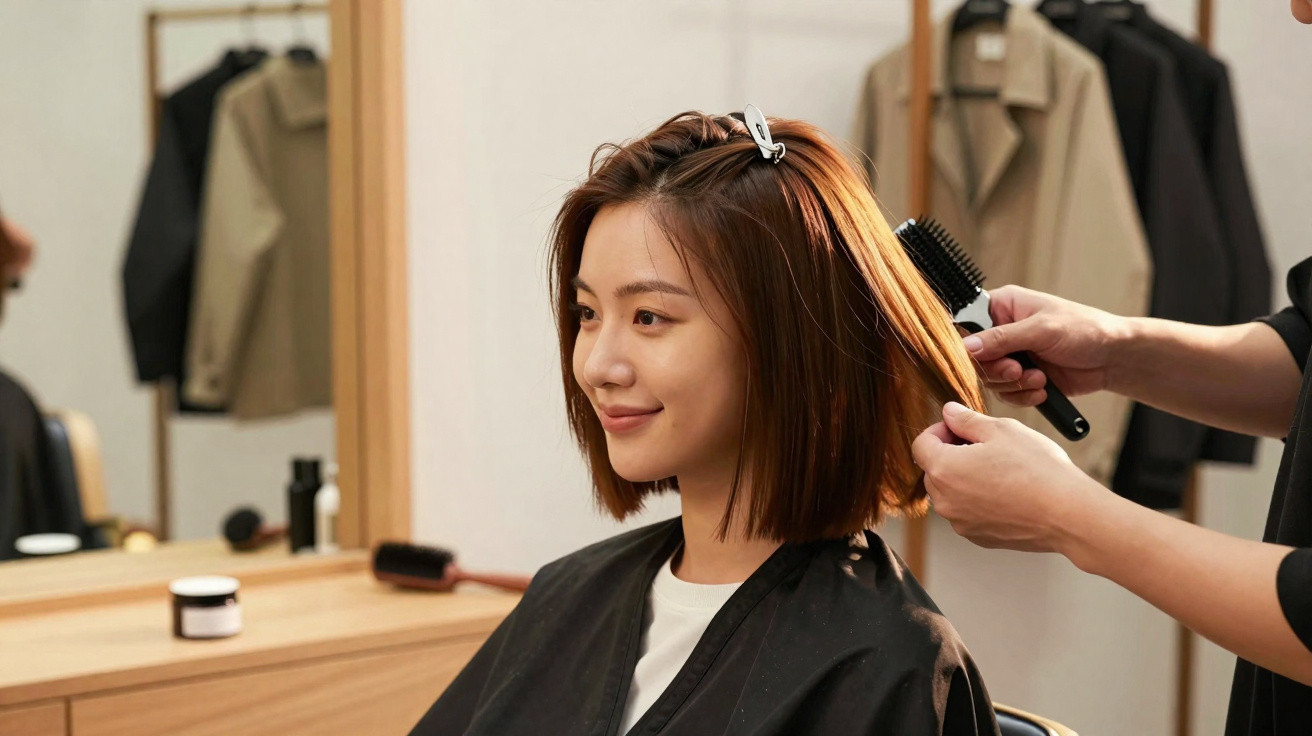 Frau mit halblangen braunen Haaren sitzt lächelnd im Friseursalon, während Haare gekämmt werden.