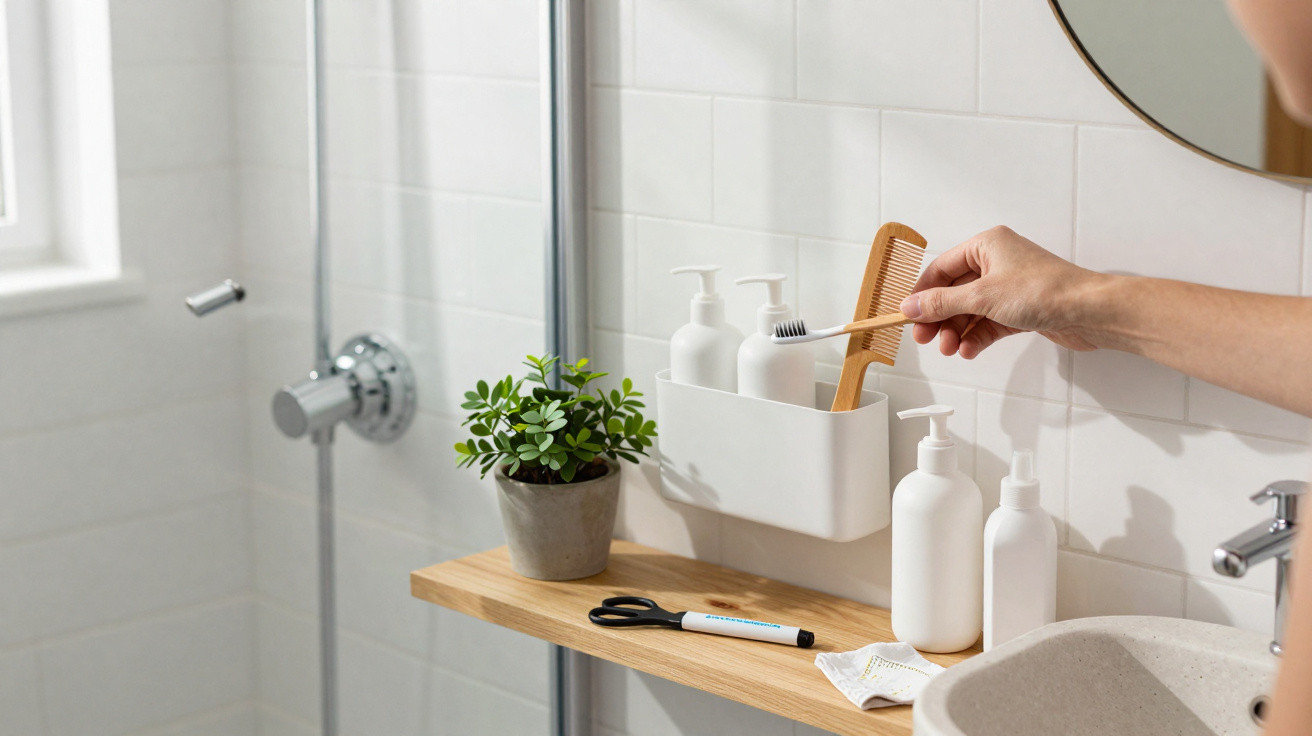 Hand greift nach Zahnbürste neben Kamm und Pflanzen auf Badregal in modernem Badezimmer.