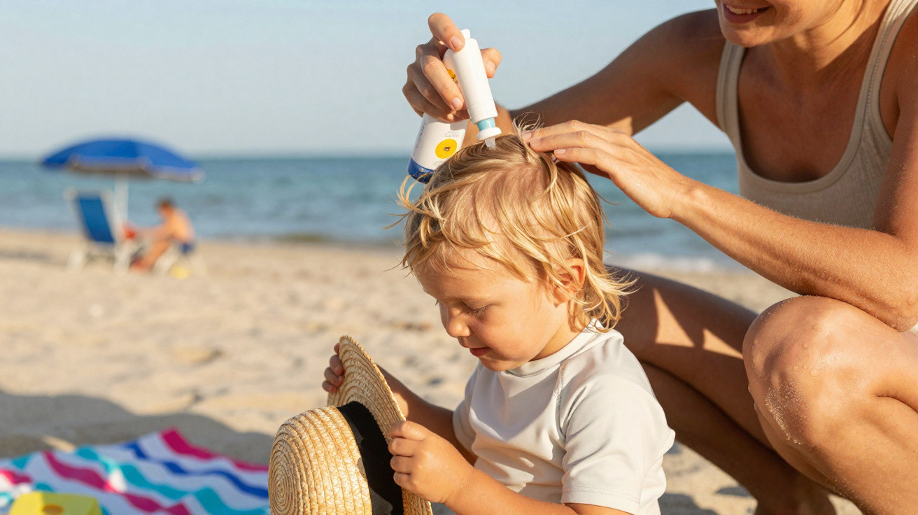 Mutter trägt Flohmittel auf den Kopf eines Kleinkindes am Strand auf, Kind hält Strohhut.