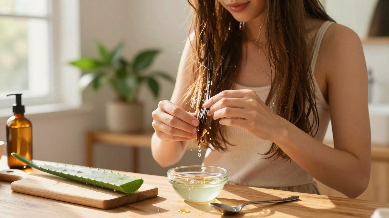 Frau drückt Flüssigkeit aus Aloe Vera Blatt in eine Schüssel in einer sonnendurchfluteten Küche.