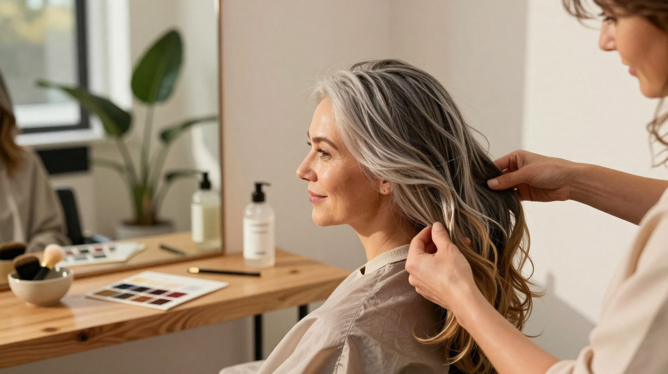 Friseurin stylt die Haare einer älteren Frau in einem hellen Salon mit Spiegel und Pflegeprodukten.