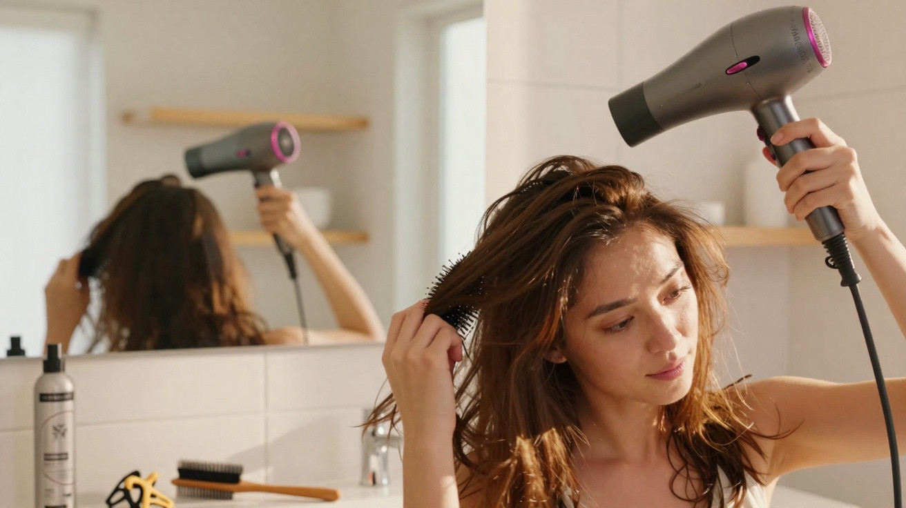 Frau trocknet sich im Badezimmer mit Föhn die Haare, hält Bürste und Haartrockner, Spiegel im Hintergrund.
