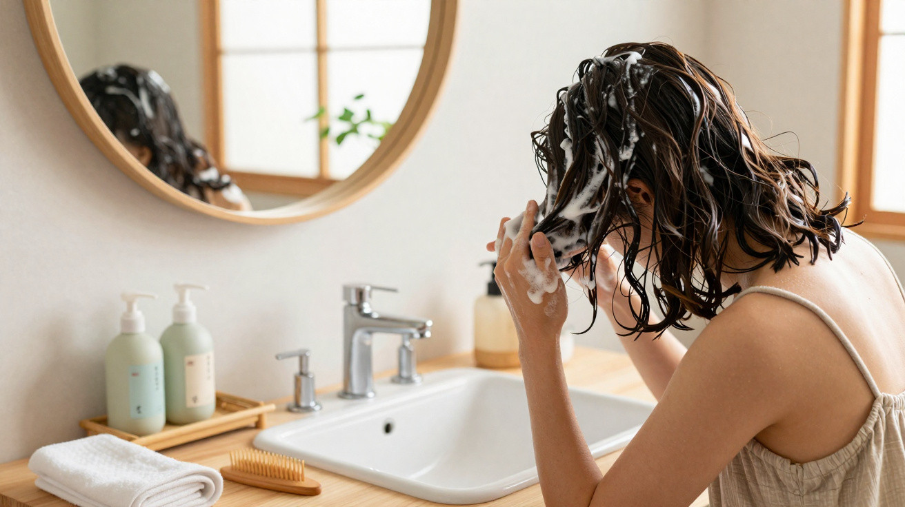 Frau wäscht sich mit Shampoo schäumend die nassen Haare vor einem Badspiegel in einem hellen Badezimmer.