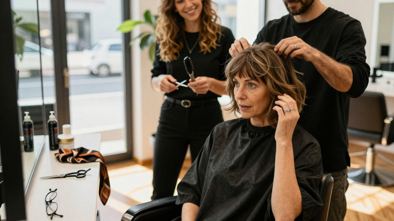 Frau sitzt im Friseursalon, während Stylist Haar schneidet und Assistentin mit Schere lächelt.