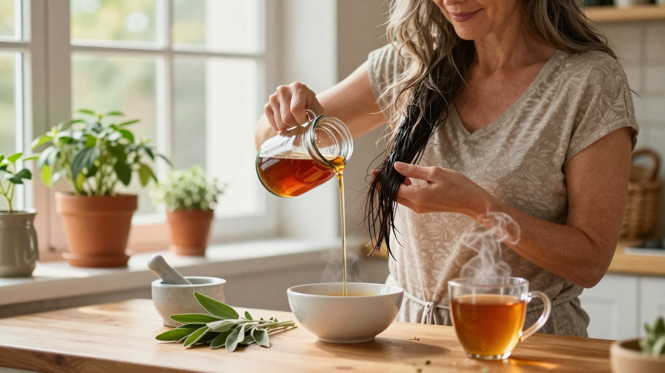 Frau gießt Honig in eine Schüssel, umgeben von Kräutern und einer Tasse dampfendem Tee in der Küche.