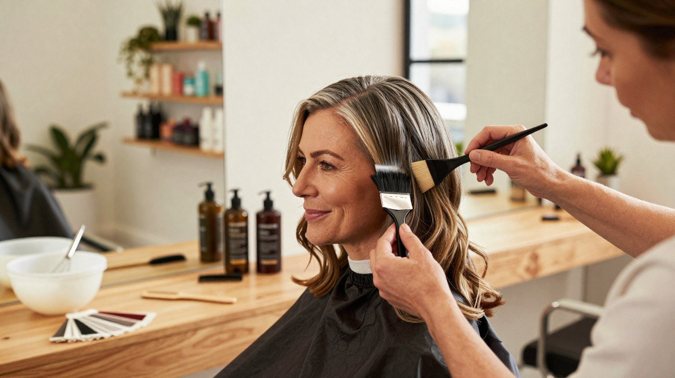 Friseurin trägt Farbe mit Pinsel auf die Haare einer lächelnden Frau im Salon auf.