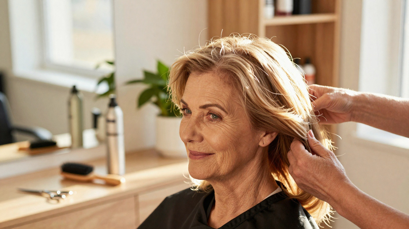 Ältere Frau sitzt entspannt im Friseursalon, während Stylist ihre blonden Haare frisiert.