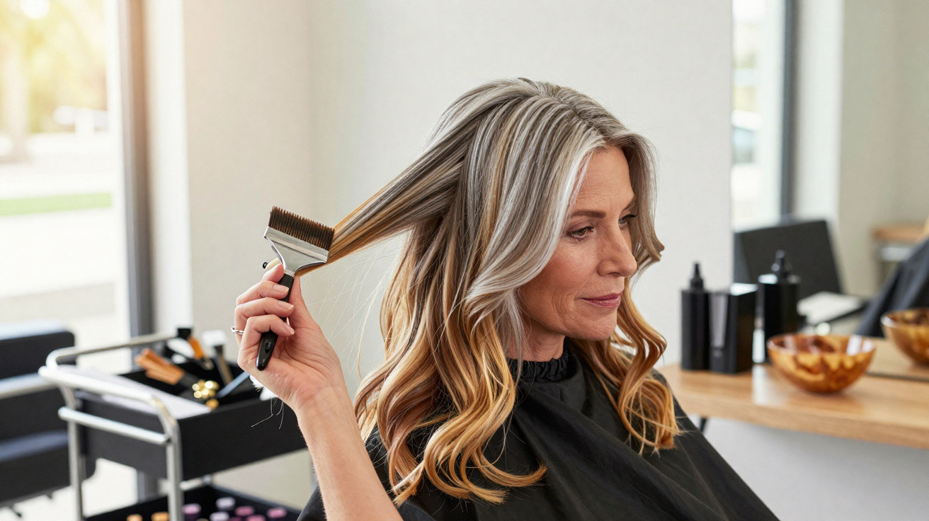 Frau im Friseursalon kämmt ihre blonden, gewellten Haare mit einem breitzinkigen Kamm.