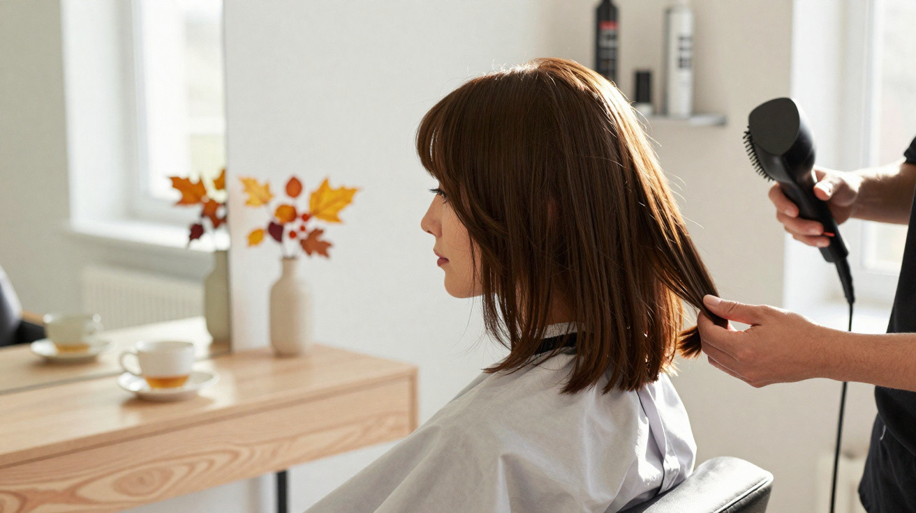 Frau sitzt im Friseursalon, während Friseur ihre nassen Haare mit einem Rundbürsten-Haartrockner trocknet.