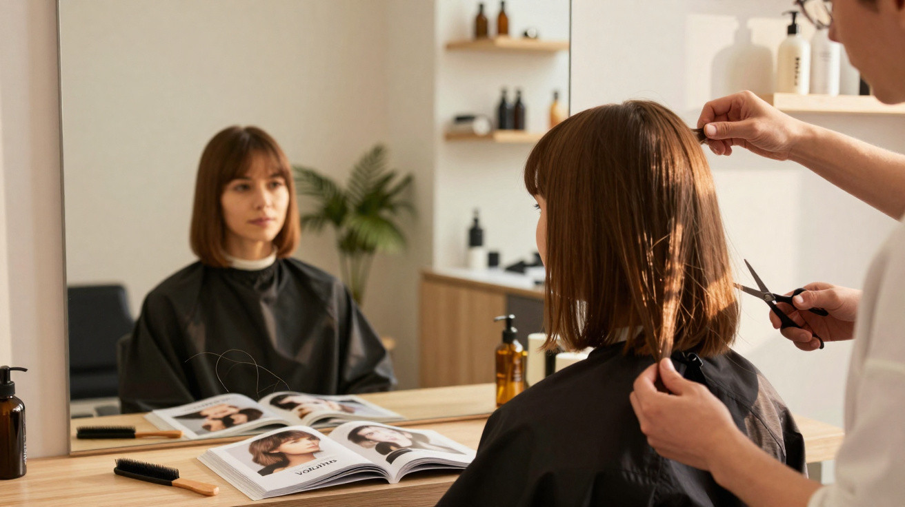 Frau im Friseursalon sitzt vor Spiegel, Friseur schneidet ihre braunen Haare, Frisurenmagazin auf dem Tisch.
