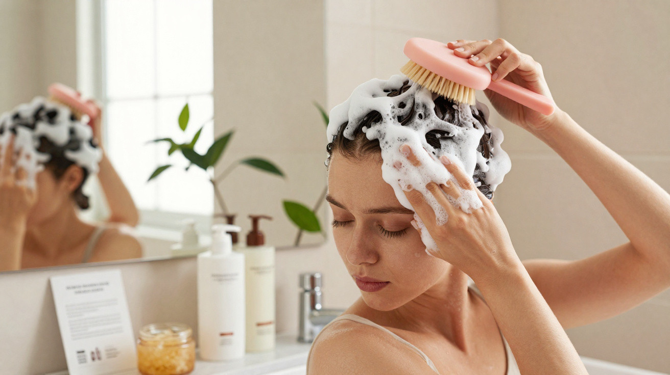 Frau wäscht Haare mit Shampoo und Bürste vor einem Badezimmerspiegel.