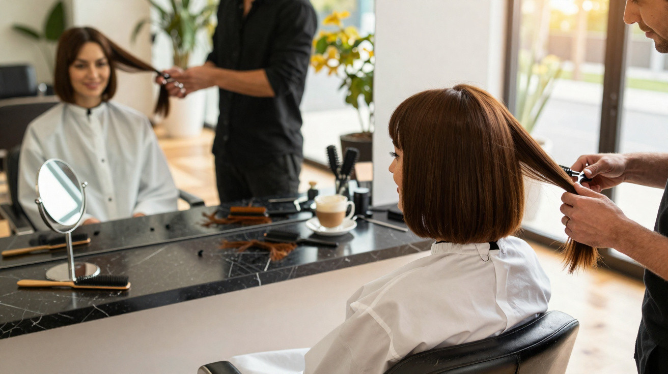 Frau sitzt beim Friseur, der Mann hält ihr langes Haar zum Haareschneiden bereit.